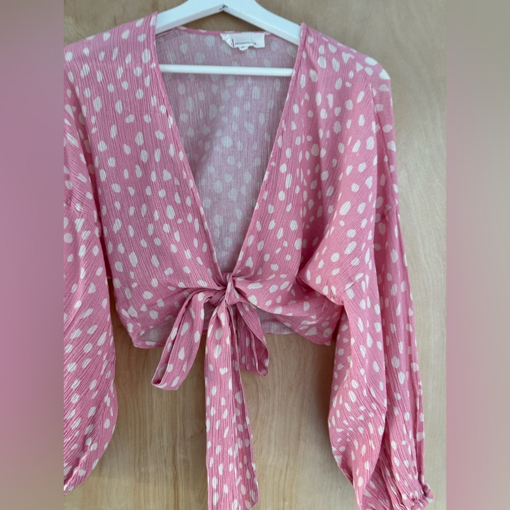 Anthropologie Pink Polka Dot Tie-Front Blouse - Picture 8 of 15